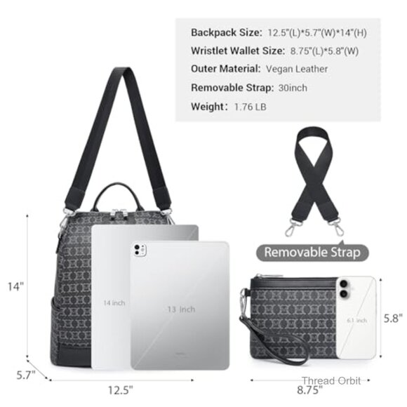 Vegan Leather Convertible Backpack Purse with Wristlet, Lightweight Travel Bag main image 4